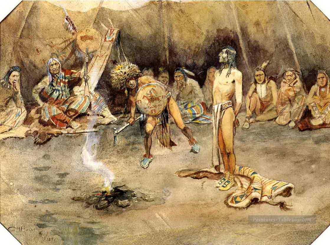 sioux torturant un Blackfoot courageux 1897 Charles Marion Russell Peintures à l'huile